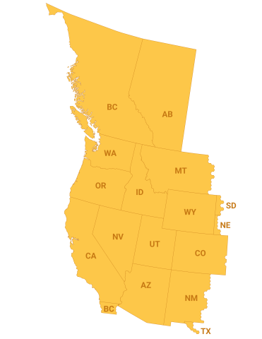 Map of the Western Interconnection in yellow with state labels